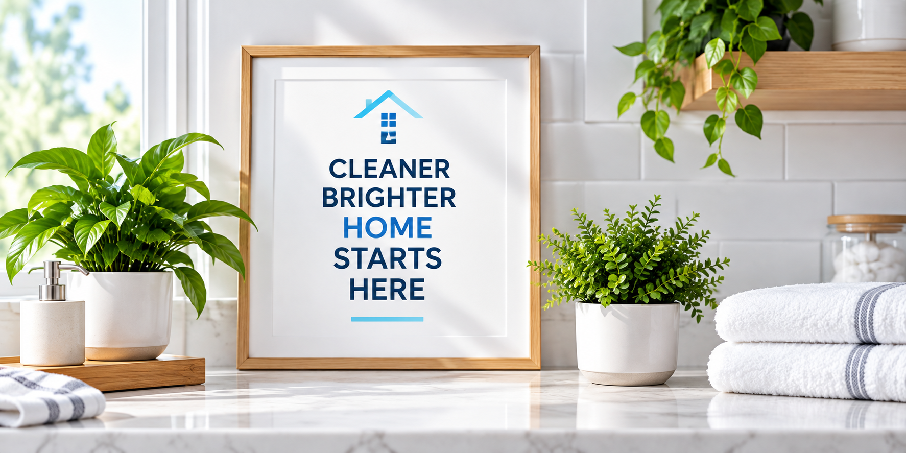 A framed Cleaner Brighter Home Starts Here sign beside plants and fresh towels